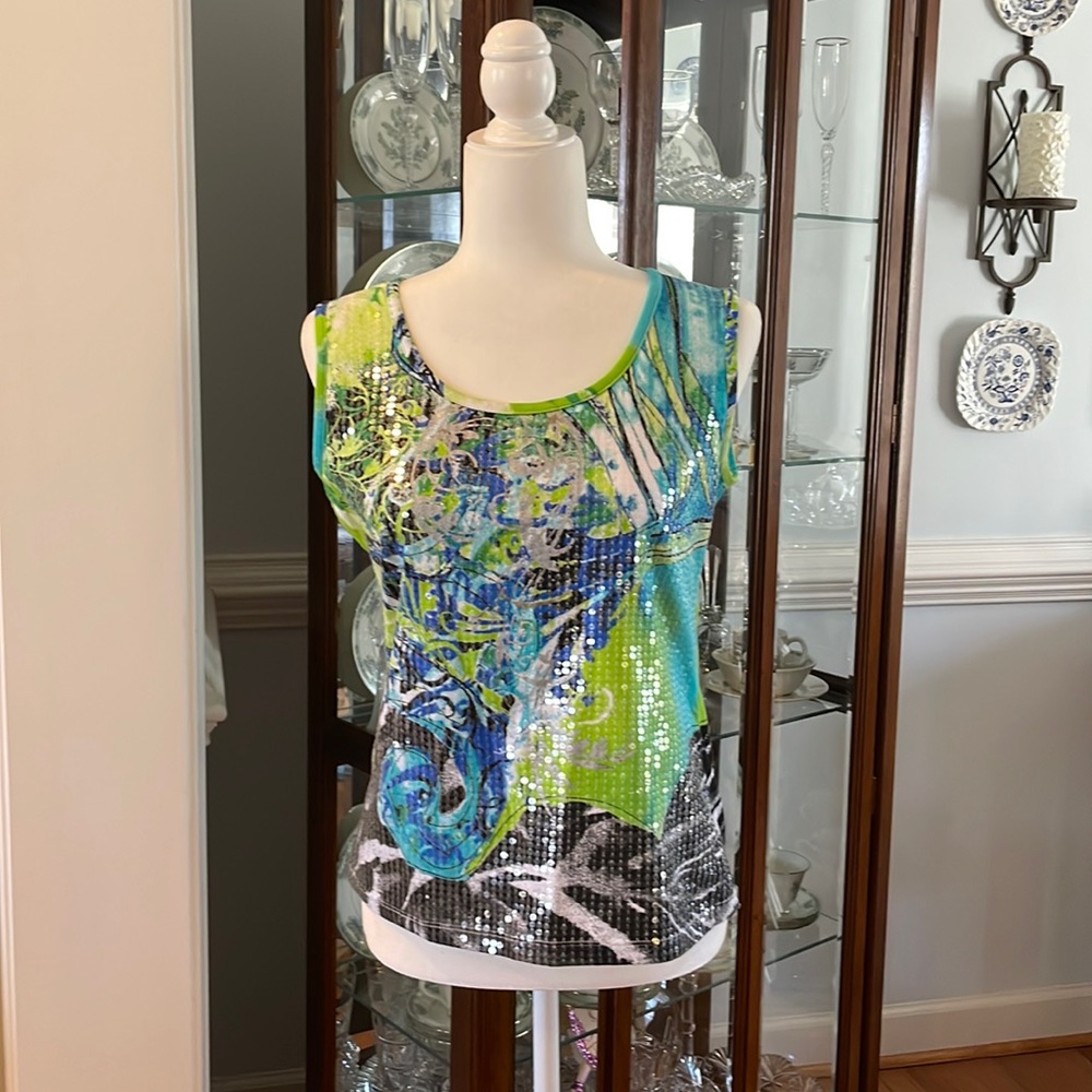 Vibrant Like New Tribal sequined aqua/cobalt/lime/black/white print Medium tank